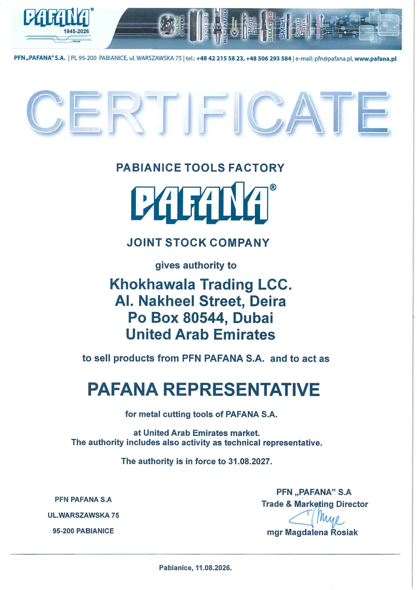 PAFANA authorized distributor certificate